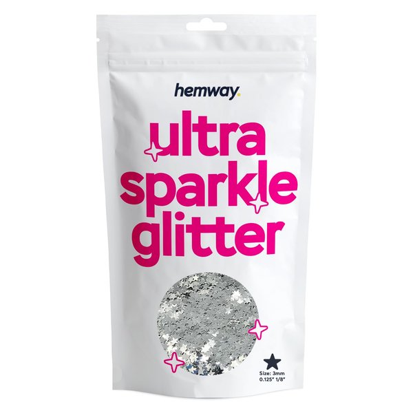 Hemway Premium Ultra Sparkle Glitter 100g / 3.5oz Multi Purpose Metallic Flake for Arts Crafts Nails Cosmetics Resin Festival Face Hair - Shaped (1/8" 0.125" 3mm) - Silver Stars