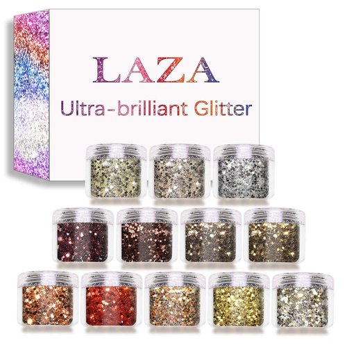 Laza Nail Glitter - 12 Color Acrylic Art Glitters, Copper Iridescent Flakes for Gel Polish, Face, Eyes - 120g