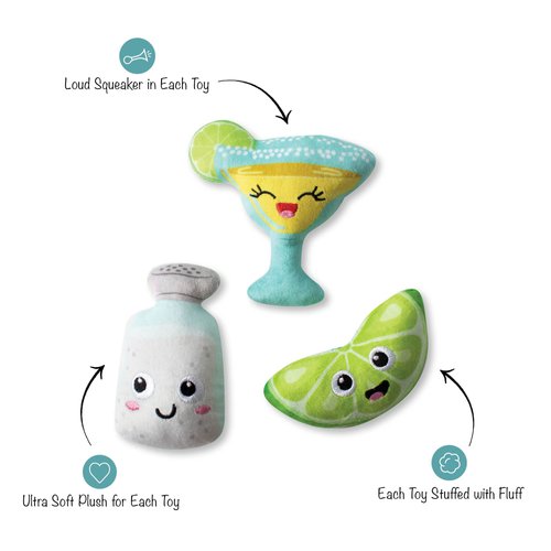 Fringe Studio Plush Dog Toy Set, ON Margarita TIME, 3 Piece Set for Dogs (289590), Multicolor, X-Small