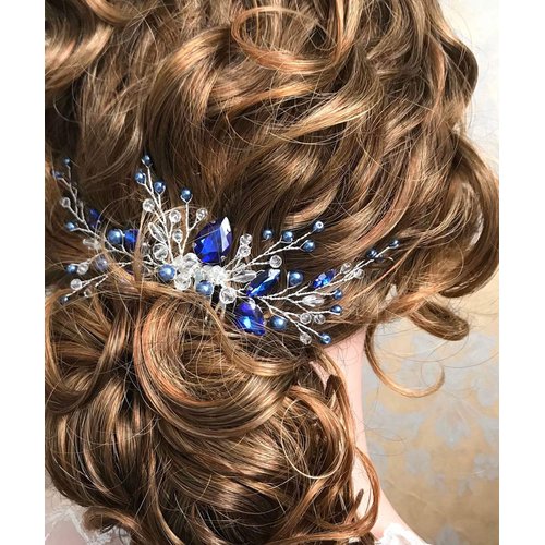 BERYUAN Women Royal Sapphire Crystal Blue Pearl Earring Hair Vine Set Silver Wedding Hair Accessory Hair Comb Piece Gift for Her Party Headpiece for Bride Bridesmaid Girls(Blue) (Blue)