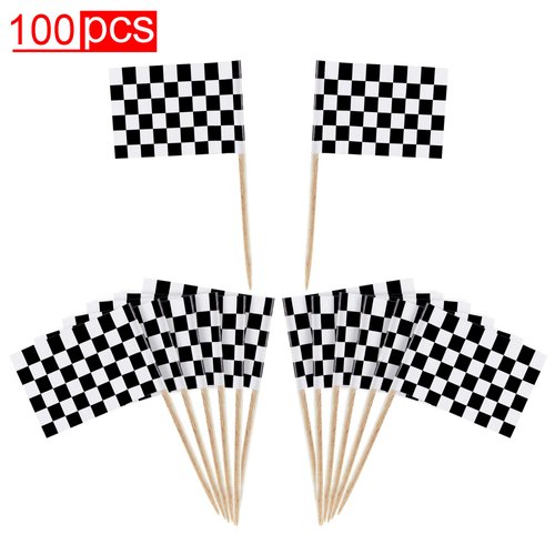 Super Z Outlet 100 Pack Mini Checkered Racing Flag Finish Line Cupcake Toppers Party Decorations Picks Set (2.5 Inches Tall)