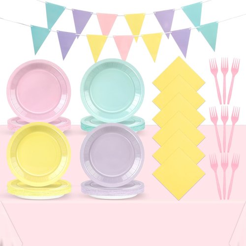 Pastel Birthday Party Decorations Macaron Color Plates and Napkins Preppy Birthday Party ableware Tablecloths Set serve 24 for Baby Shower Ice Cream Wedding Party Outdoor Garden Hanging Decorations