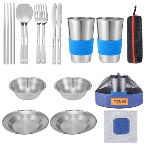 Camping Dinnerware Set Stainless - Camping Mess Kit Includes Cups, Bowls, Dishes, Knives, Forks, Spoons, Etc, Camping Tableware Set with Mesh Bag is Easy to Carry（2-Person Set Blue）
