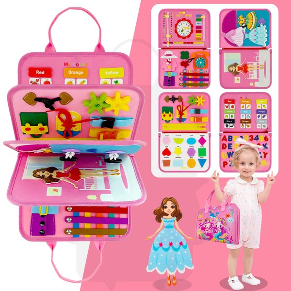 Zaztytoy Busy Board Book Montessori Toy for Toddlers 1-4, Sensory Felt Busy Book, Travel-Friendly Educational Activities Toy for Learning Fine Motor Skills, Girl Christmas Birthday Gifts