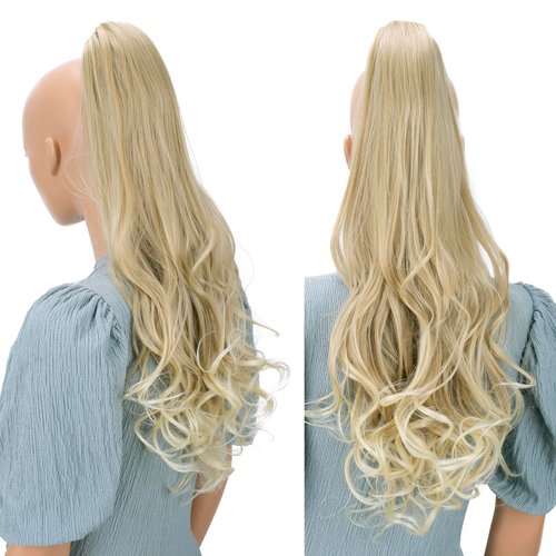 CAISHA 24" Long Hair Clip On Ponytail Extension Heat-Resistant Synthetic Hairpiece Slightly Wavy Blond Mix H42