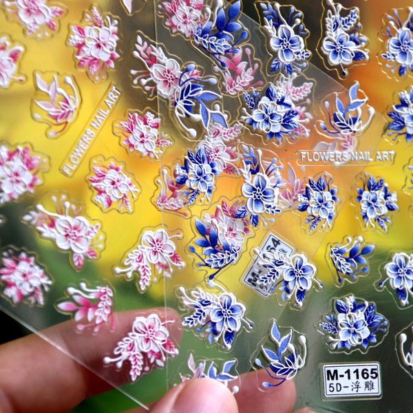 Flower Nail Art Stickers Decals Pink White 5D Embossed Nail Decals Spring Nail Stickers for Nail Art Blue White Flowers Self-Adhesive Nail Art Supplies for Women