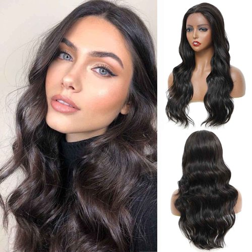 X-TRESS Body Wave Lace Front Wigs 13x1 Small Lace Synthetic Wavy Wig for Women Heat Friendly Swiss Lace with Baby Hair 23 Inches Dark Brown
