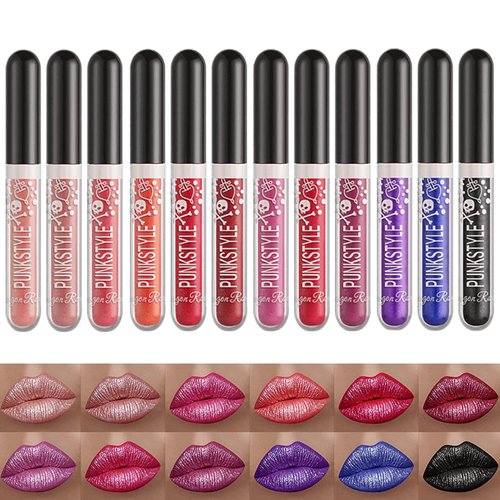 BIOKUSY 12 Colors Glitter Lip Gloss Set, Black Blue Purple Matte Diamond Shimmer Metallic Liquid Lipstick Set, 24 Hours Long Lasting Waterproof Glossy Lipstick Kit Halloween Makeup Gife for Women