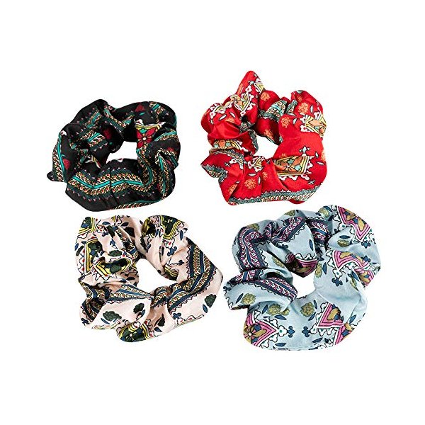 4 Pcs Boho Floral Prints Vivid Color Hair Scrunchies Big Pattern Hair Bobbles Elastics Ponytail Holders Hair Wrist Ties Bands Scrunchies for Sleep Show Dance Party Women Gift