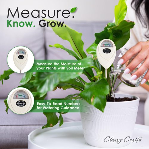 Classy Casita Soil Moisture Meter - Digital Indoor and Outdoor Plants Soil Hydrometer, Gardening Gadget Potted Houseplant Probe Sensor, Garden Grass Tester Watering Humidity Reader Indicator - White