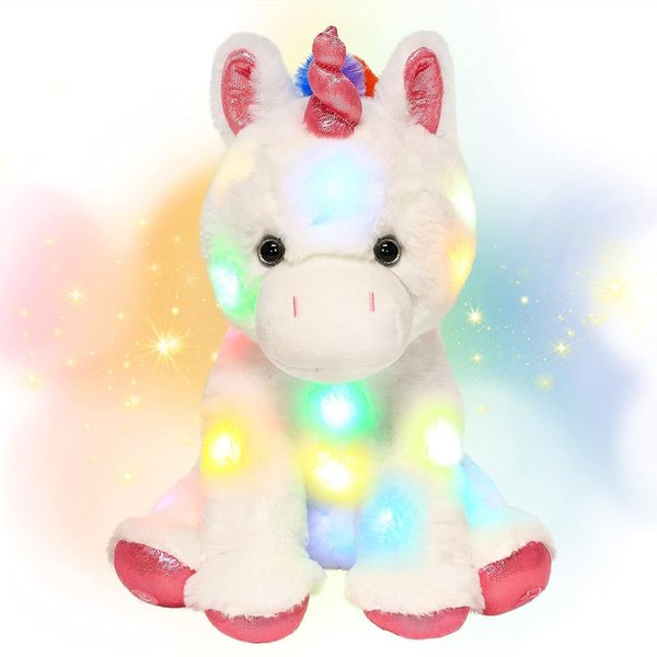 Hopearl LED Plush Unicorn Light up Stuffed Animal Floppy Night Lights Glow in The Dark Birthday Festival for Kids Toddler Girls, White, 13''