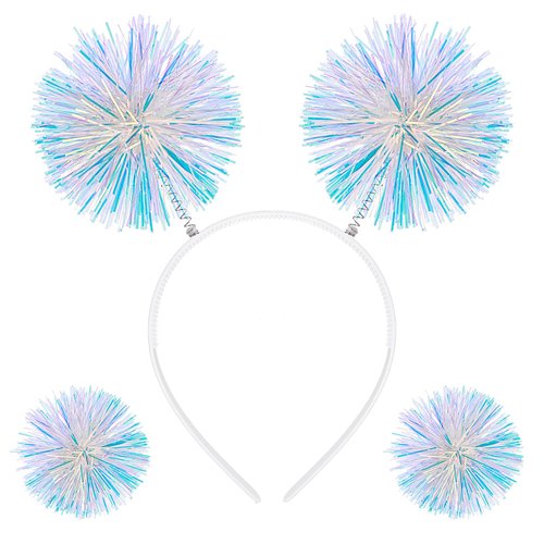 WLLHYF 3 PCS Pom Pom Party Cute Headband White Pink Foil Strips Ball Hairpin Headwear Birthday Stage Props Cosplay Costumes Halloween Accessory for Girls Adults Women Christmas (blue)