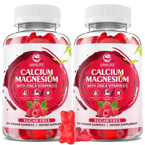 Calcium Magnesium Zinc Gummies with Vitamin D3, Sugar Free Calcium Gummies for Women Men, High Potency Magnesium Gummies for Bone & Muscle & Immune Health, Raspberry Flavor - 120 Count