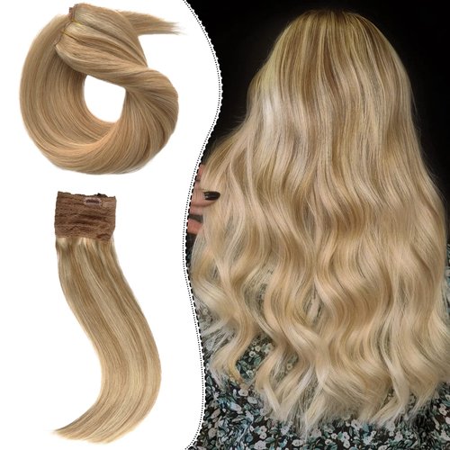 OiMiGO Hair Extensions Wire Human Hair Extension, Wire Hair Extension with Invisible Fish Line Adjustable Size 20 Inch 100g Caramel Blonde and Bleach Blonde Straight Blonde Highlights Wire Extension