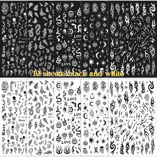 10 Sheets Gothic Nail Stickers 3D Self-Adhesive Nail Decals Art Design Holographic Stars Moon Snake Nail Art Sticker Decoration for Women Manicure Tips Acrylic Nails DIY Nails Art Supplies