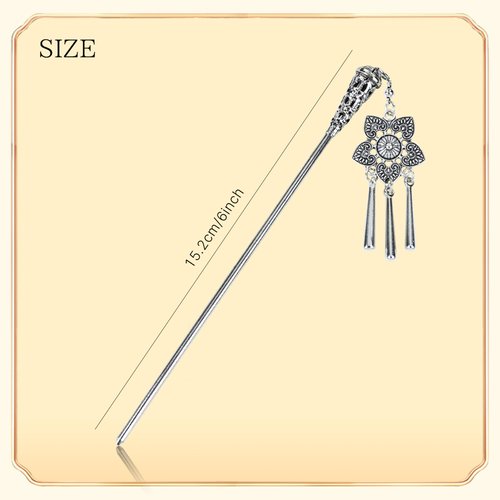 inSowni 8 Pieces Silver Metal Retro Ancient Asian Chinese Traditional Hanfu Hair Sticks with Flower Pendants Bohemian Long Hair Forks Bun Updo Holders Hairpins for Women Girls