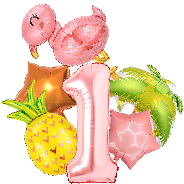 6Pcs Hawaiian First Birthday for Kids Baby Party Supplies 40 Inch Giant Foil Helium Balloon Cute Flamingo Party Decorations Summer Tropical Party Decor 1st Anniversary Celebrate 1st one Party Favor