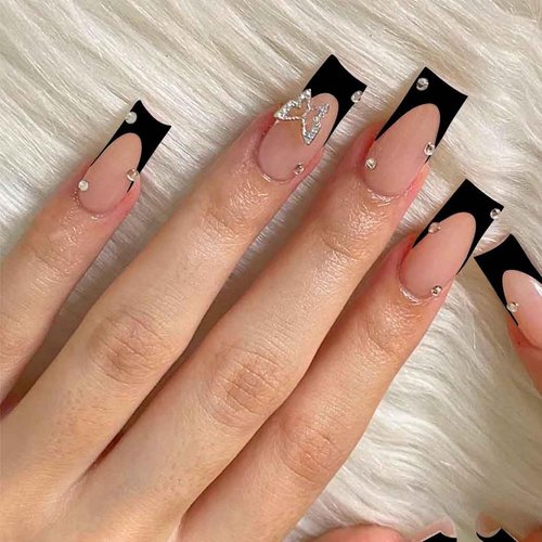 Foccna Square Press on Nails Long French, Pink Fake Nails Acrylic Black False Nails,Crystal Artificial Nails for Women and Girls, 24pcs (Nails 2)