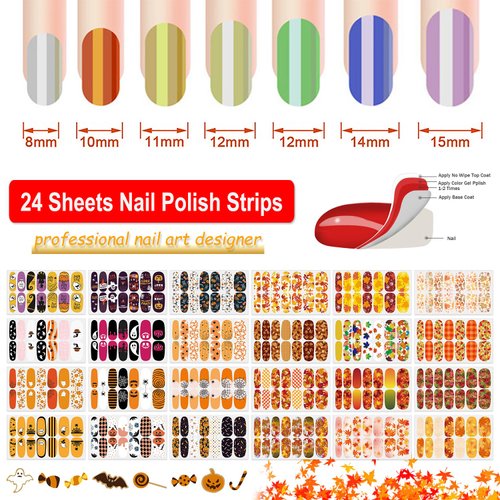 DANNEASY 24 Sheets Fall and Halloween Nail Polish Stickers Full Nail Wraps for Women Holiday Maple Leaf Nail Polish Strips Self Adhesive Fingernail Stickers with Nail File, Cuticle Stick