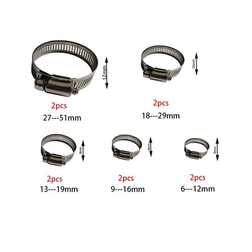 Hose Clamp, 10 Pack 304 Stainless Steel Adjustable 6-51mm Range Worm Gear Hose Clamp, Fuel Pipe Clamps for Automobiles, Pipelines and Mechanical Application