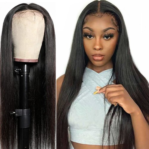 DELHELHAIR Silky Straight Glueless Lace Front Wigs for Black Women Human Hair Unprocessed Brazilian Remy Straight 4x4 Lace Closure Wig Pre-Plucked with Baby Hair (16Inch, Natural Black)