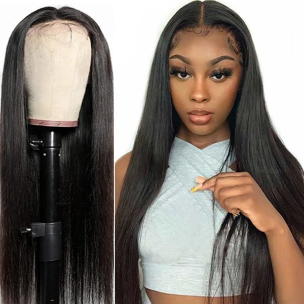 DELHELHAIR Silky Straight Glueless Lace Front Wigs for Black Women Human Hair Unprocessed Brazilian Remy Straight 4x4 Lace Closure Wig Pre-Plucked with Baby Hair (16Inch, Natural Black)