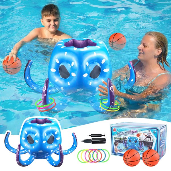 RORLAND Kids Octopus Pool Toys, 2-in-1 Inflatable Basketball Hoop Ring Toss Outside Games, Toddler Indoor Outdoor Water Play, Cool Summer Beach Family Party Gift 3 4 5 6 7 8 Yr Old Boy Girl Teen