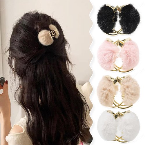 auwiyd 4 PCS Metal Rabbit Fur Hair Claw Clips Solid Color Plush Hair Grab Hairpins Shark Clip Fashion Winter Ponytail Holder Clips Hair Accessories for Women Girls
