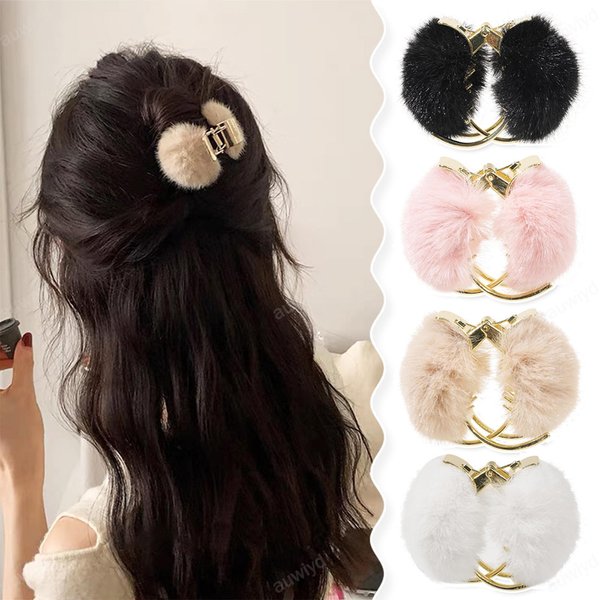 auwiyd 4 PCS Metal Rabbit Fur Hair Claw Clips Solid Color Plush Hair Grab Hairpins Shark Clip Fashion Winter Ponytail Holder Clips Hair Accessories for Women Girls