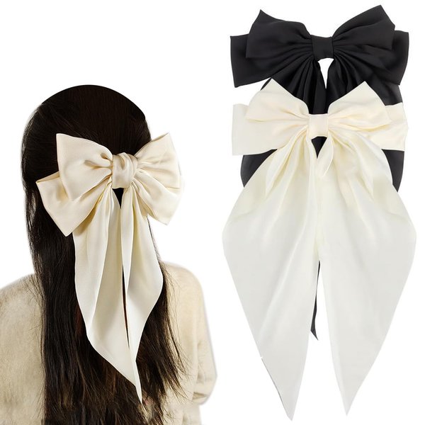 Silky Satin Hair Bows for Women,Big Ribbon Bow Hair Clips for Girls, Oversized Long Tail Hair Barrettes Cute Hair Accessories (Black Beige)