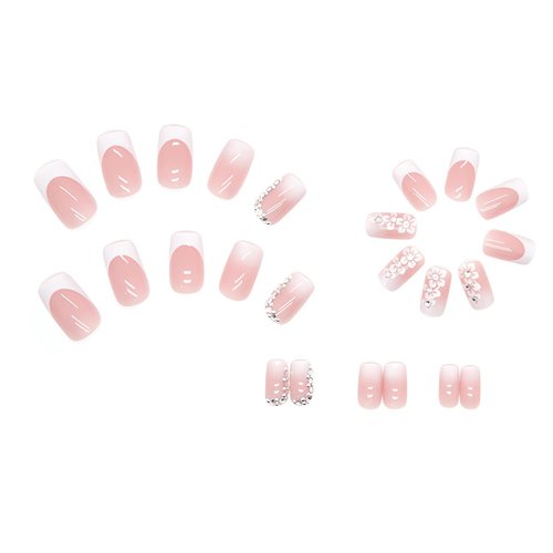 SINSEN Pink Square Fake Nails French Tip Press on Nails Medium Length, 24Pcs White Flower Glue on Nails With Rhinestones Glossy Medium Square Acrylic Nails