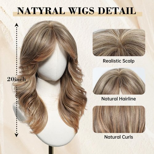 testar Blonde Wigs With Bangs, Shoulder Length Blonde Brown Wigs for White Women, Natural Heat Resistant Fiber Wigs for Girls Party Cosplay Use 20IN