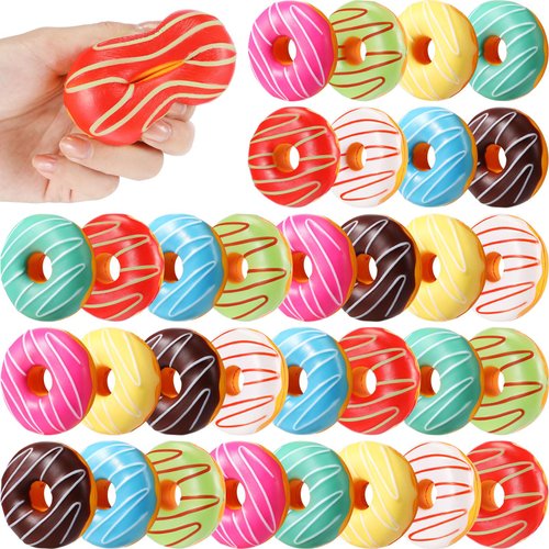 Lenwen Rainbow Donut Stress Balls 3 Inch Slow Rising Donut Party Favors Stress Relief Donut Toys Squeeze Ball Bulk for Donut Birthday Party Decorations Games Supplies (Stylish Colors,30 Pcs)