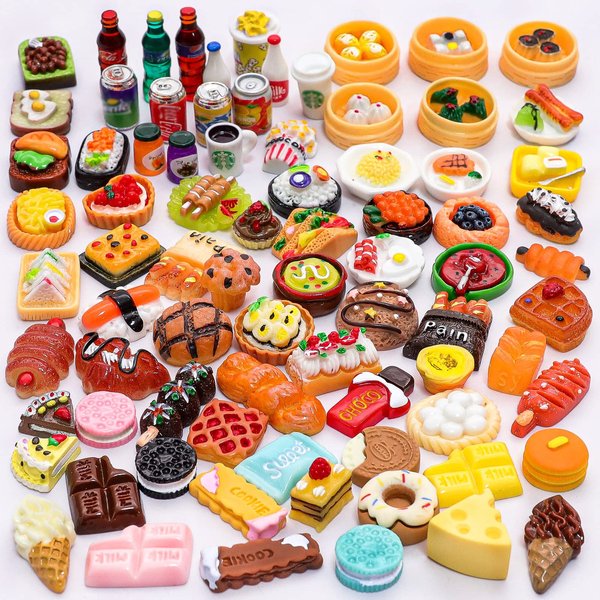 80 Pieces Mini Food Drinks Bottle Toys Pretend Food for Dollhouse Kitchen Accessories Mini Play Resin Food Toys for Adults