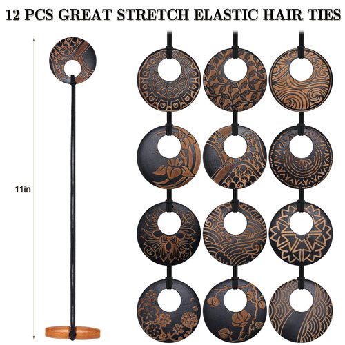 Hotop 12 Pcs Dreadlock Hair Tie Elastic Hair Tie Extra Long Rubber Band for Thick and Dreadlock Hair 8cm in Diameter Dreads Ponytail Holders Loc Hair Accessories Wood Carving Bands for Men Women Girls