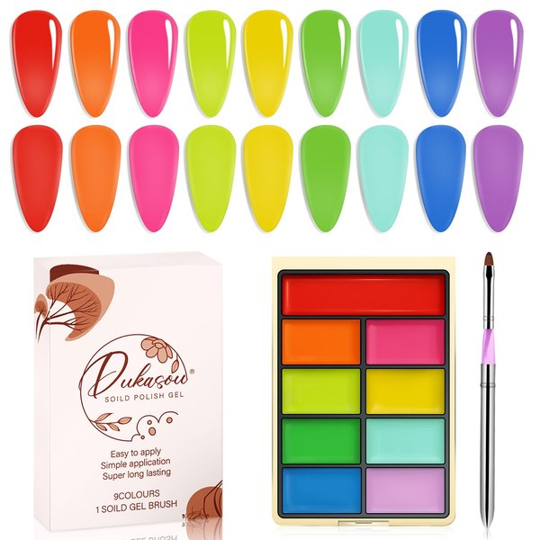 DUKASOU Solid Gel Nail Polish Set, 9 Colors Rainbow Mountain Gel Polish Manicure Palette Set Spring Summer Holiday Tiny Solid Cream Nail Gel Polish for Salon DIY with Pro Nail Brush