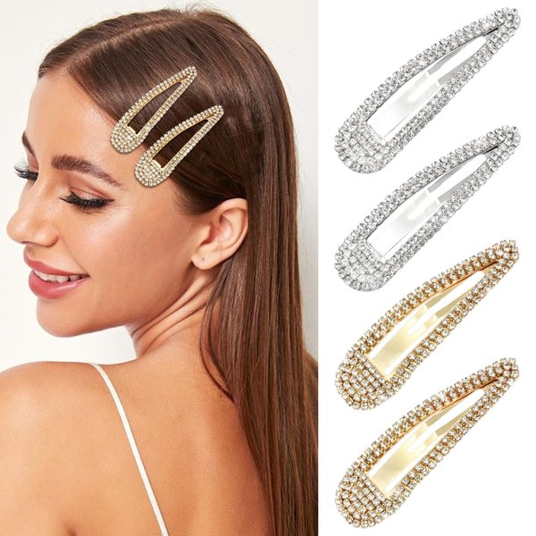 AOREAS 4Pcs Rhinestone Hair Clips Metal Snap Hairpins,Crystal Hair Barrettes Accessories for Girls Women,Bridal,Party,Wedding,Prom(2Pcs Silver+2Pcs Gold)
