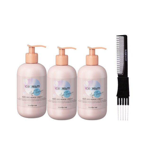 Inebrya Ice Cream Age Therapy Anti Breakage Cream (5.07 oz) with Teasing Comb Pack of 3