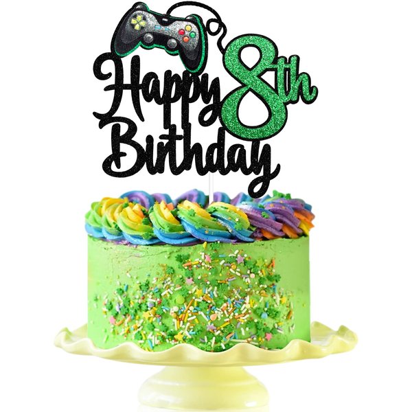 Video Game Happy 8th Birthday Cake Topper - Video Game Boy's 8th Birthday Party Cake Supplies - Game On Level Up Winner Party Decoration