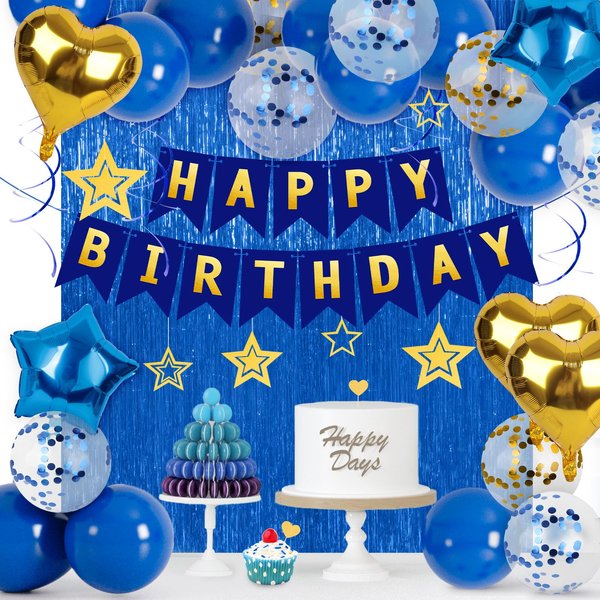 MCPINKY Birthday Party Decorations, Dark Blue Gold Happy Birthday Banner Confetti Balloons Fringe Curtain for Women Girls Birthday Party Supplies