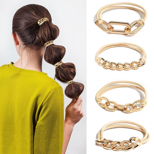 Luiaiog 4-Pack Gold Hair Ties - Cute Wrist Bracelet and Practical Elastic Design, Use as Hair Tie or Fashion Accessory for Work, Sports, Yoga