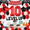 10th Level Up Theme Video Game Birthday Decorations Supplies Boys Girls Party Decor Favors Including Red Black White Latex Balloons Gaming Birthday Banner Black and Red Foil Gamepad Balloons