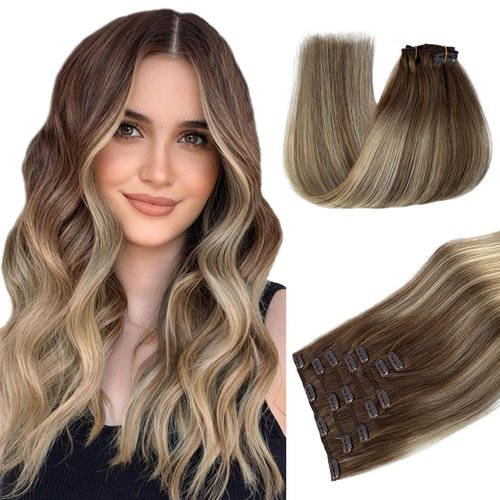 Belaved Clip in Hair Extensions Real Human Hair, 16 Inch 70g 7pcs Human Hair Extensions Clip ins, Ash Brown and Bleach Blonde Balayage Hair Extensions Clip in Remy Human Hair Extensions