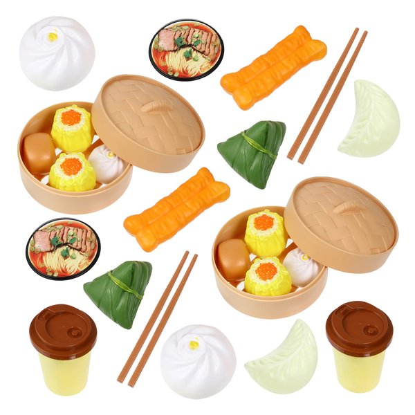 Toyvian Play Food 26pcs Pretend Play Toy Set Steamer Buns Chinese Breakfast Toy for Kids Food Kitchen Set Cooking Dish Asia Tea Time Birthday , Style Random