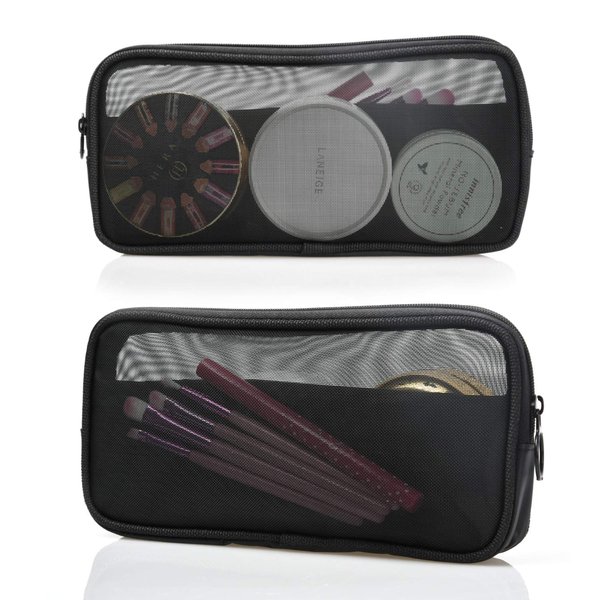 patu Mesh Travel Toiletry Bag, Transparent Standing Pouch, Portable Shaving Washing Kits Organizer, Personal Care Trip Case, Pack of 2 (Size M), Black