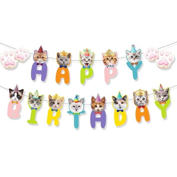Cat Birthday Banner Cat Decorations for Birthday Party Kitten Birthday Banner Cat Themed Birthday Party Supplies for Girls Kids Boys Pet Cat Themed Birthday Decor