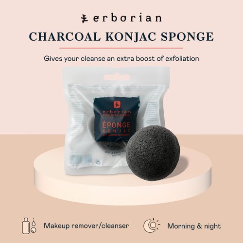 Erborian Charcoal Konjac Facial Sponge - Natural Great for Sensitive, Oily and Acne Prone Skin - Korean Beauty Bath Scrub for Deep Cleansing and Exfoliation - for All Skin Types - Korean Skincare