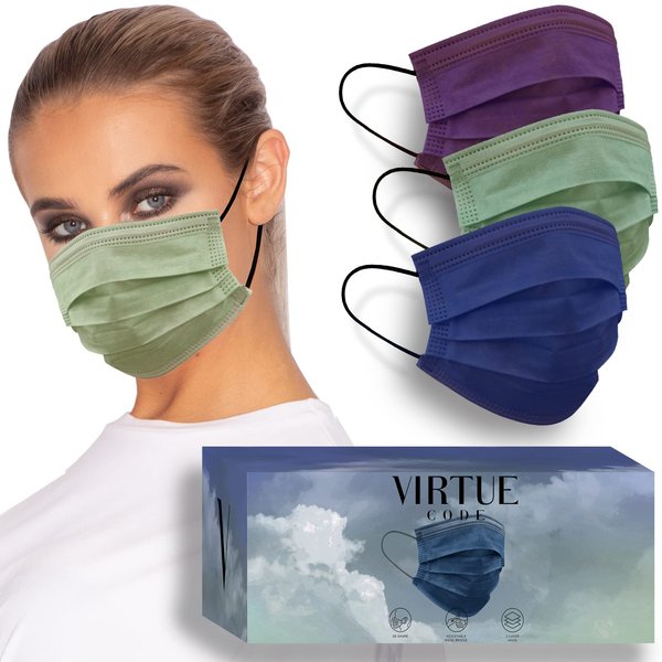 VIRTUE CODE Support Face Masks - Soft 3 Ply Comfort Face Masks, Colorful Disposable Face Mask 50 Pack. Blue Purple Green Colored Masks. Adults Mens and Womens Disposable Face Masks