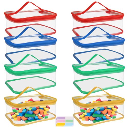 YAYODS 8 Pack Clear Toy Storage Bags with Labels, 9.05x6.69x3.94 Inch PVC Toy Organizing Bags with Zipper, Waterproof Board Game Storage Organizer Bags for Building Blocks, Puzzle(4 Colors)