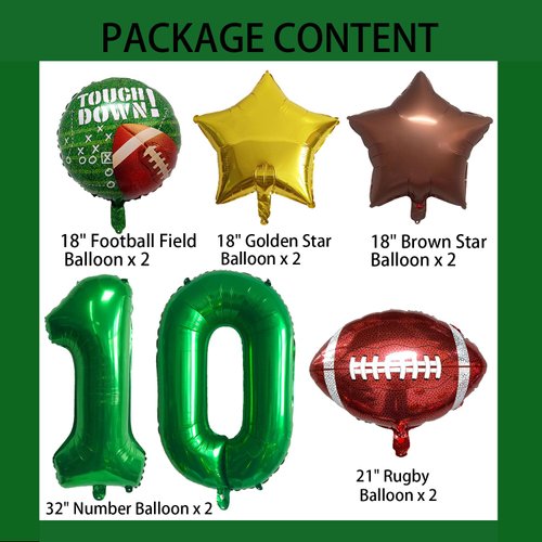 HADCKJA Football Balloon Football Birthday Decorations 10th Birthday Balloon Rugby Gold Brown Star Rugby Field Balloon Touchdown Sports Theme Football Party Supplies Birthday Party Decorations 10Pcs
